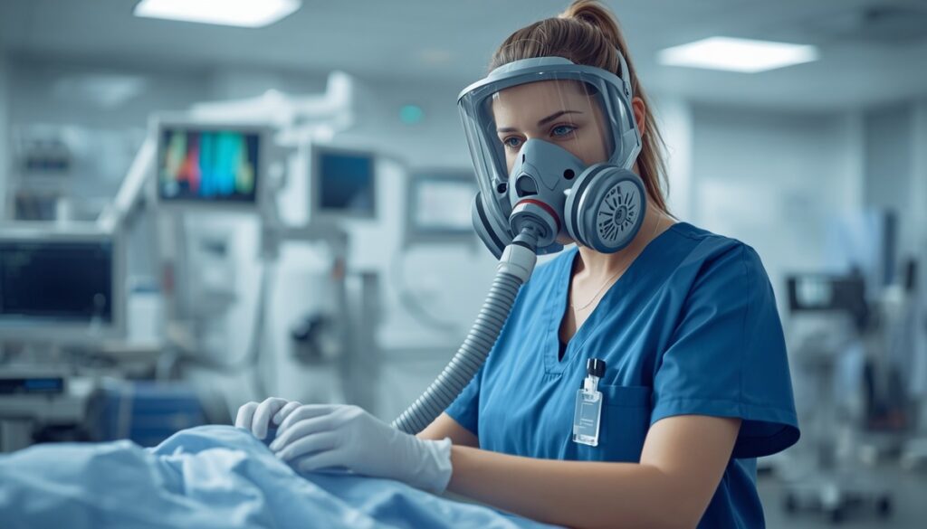 Healthcare worker using a Powered Air-Purifying Respirator during patient care