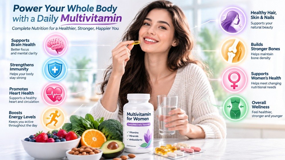 Best Multivitamins for Women with colorful vitamins and healthy foods