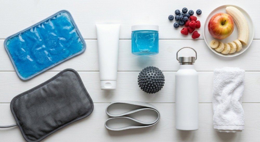 OTC muscle recovery essentials including pain relief products, heat therapy, and exercise equipment.