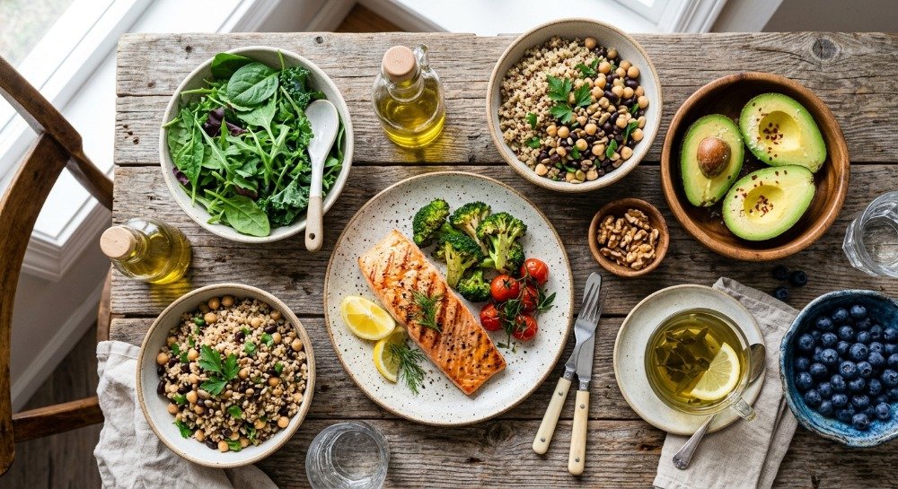 Healthy anti-inflammatory foods including salmon, vegetables, berries, olive oil, and whole grains.