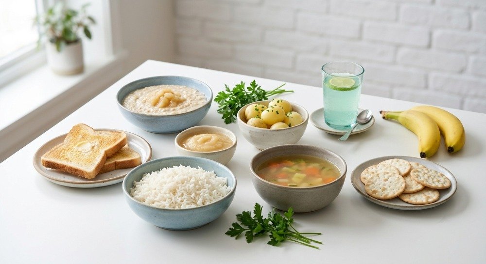 Gentle foods recommended during recovery from food poisoning.