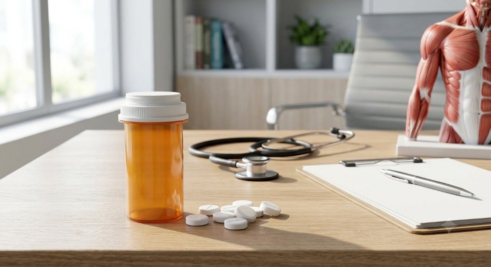Doctor explaining methocarbamol for muscle relaxation with prescription medicine on a medical desk.