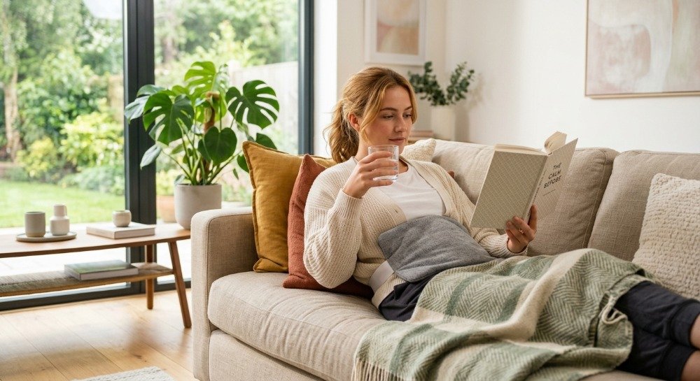 Woman relaxing with a heating pad while managing menstrual cramps at home