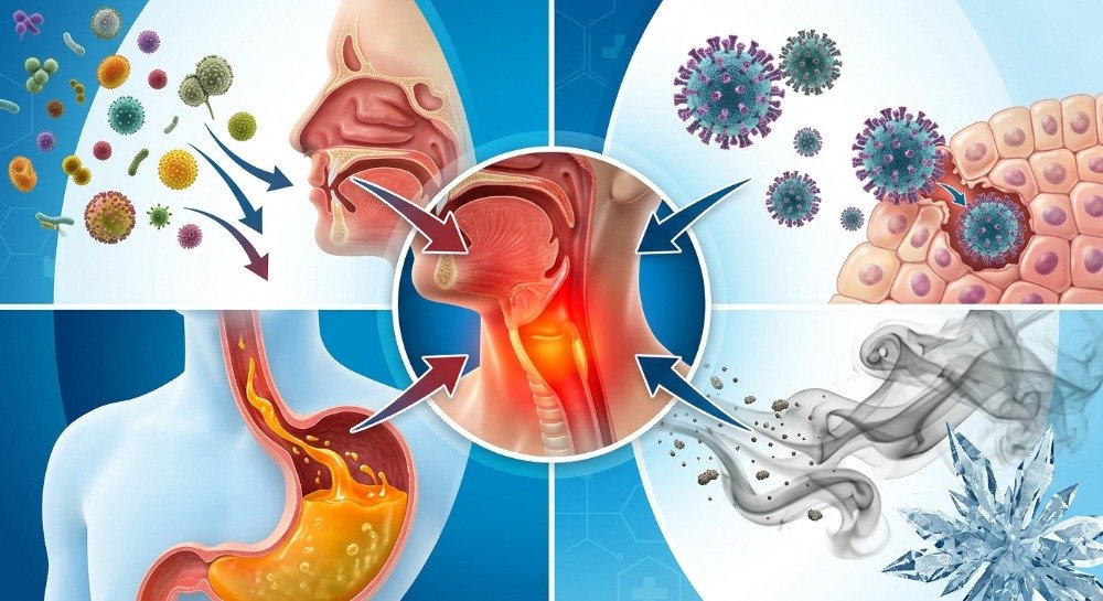 Comparison of a healthy throat and an inflamed sore throat.