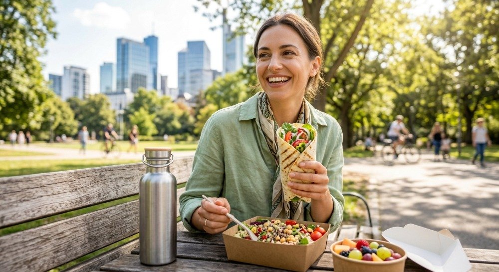 Person enjoying healthy fast food as part of a balanced lifestyle