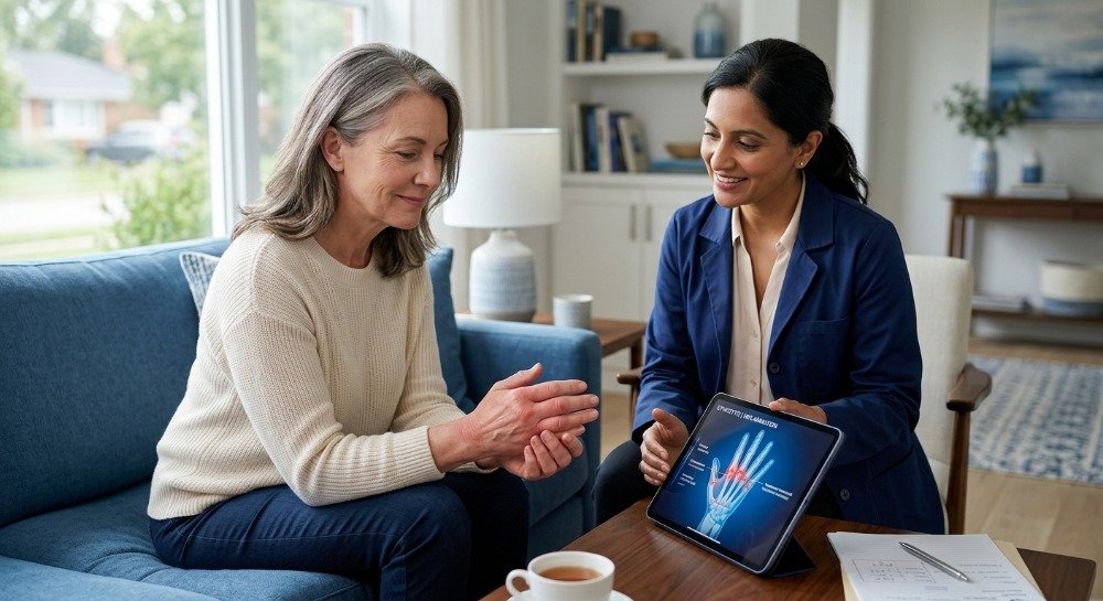 Rheumatologist explaining rheumatoid arthritis symptoms and treatment to a patient.