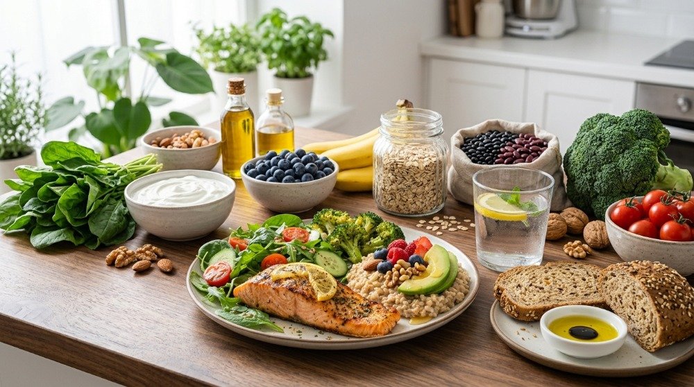 Fresh fruits, vegetables, beans, oats, salmon, and nuts representing the best foods for high blood pressure