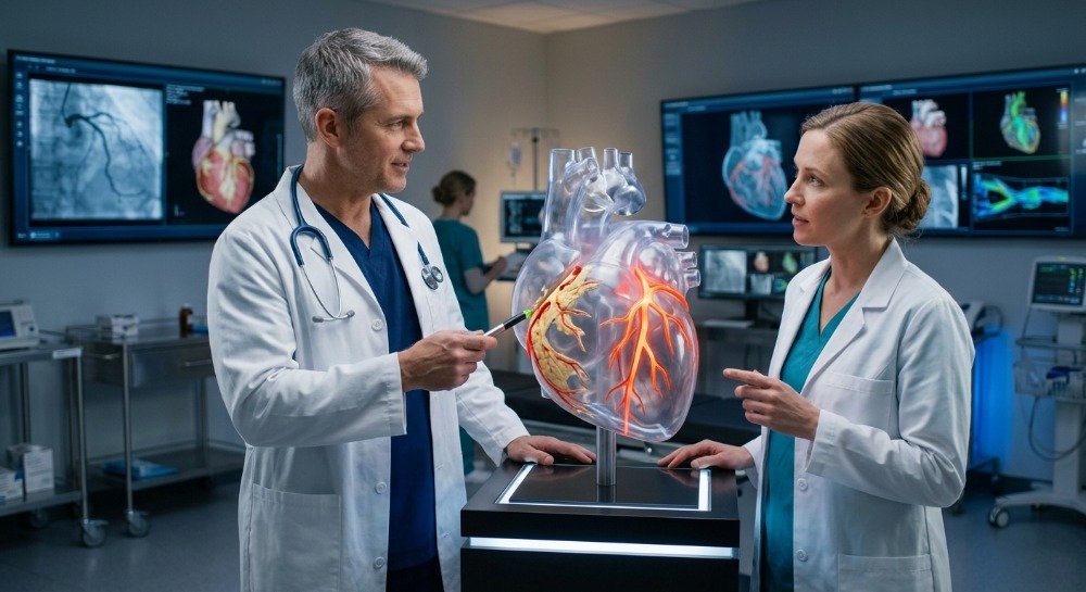 Medical illustration showing hypertensive and atherosclerotic cardiovascular disease with healthy and plaque-filled coronary arteries.