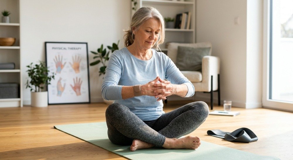 Woman performing gentle hand exercises for rheumatoid arthritis at home.