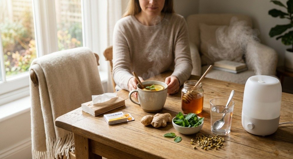 Warm herbal tea, honey, salt water, and other natural home remedies for sore throat relief.