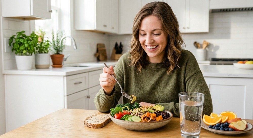 Healthy female patient enjoying a fiber-rich meal and drinking water to support digestive health