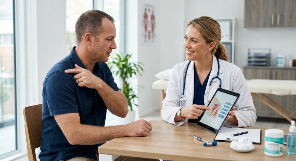 Healthcare professional examining an adult patient with muscle pain