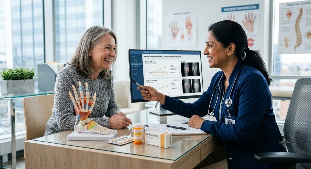Doctor discussing rheumatoid arthritis treatment options with a patient.