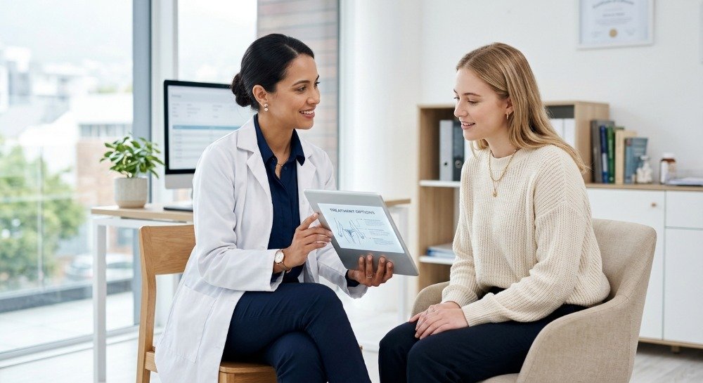 Female doctor consulting a woman about menstrual cramps in a modern medical clinic