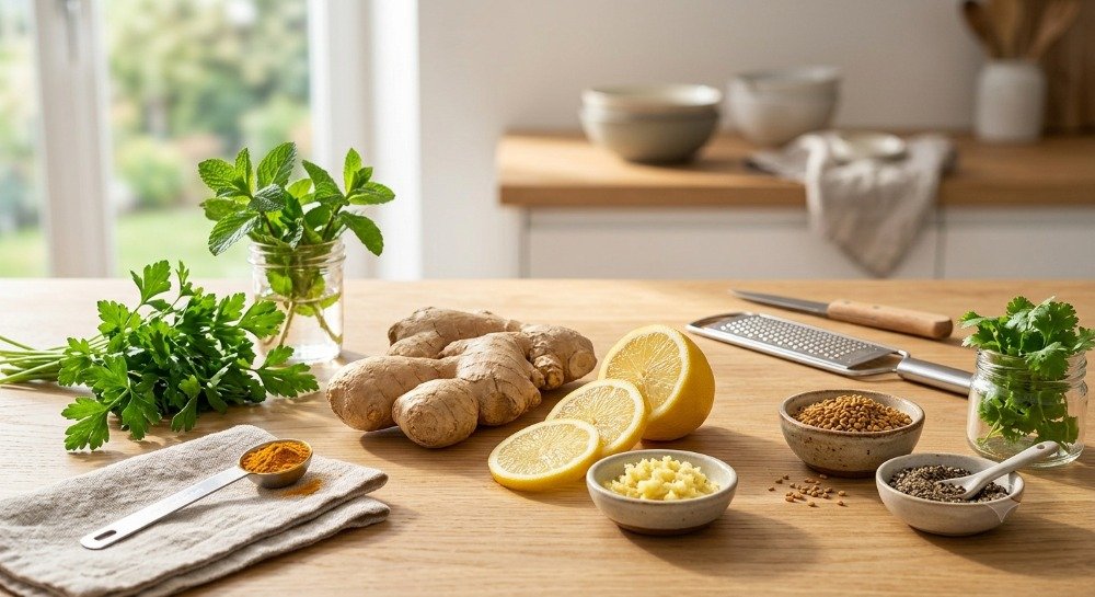 Fresh ginger root displayed with natural ingredients representing vitamins, minerals, and antioxidants