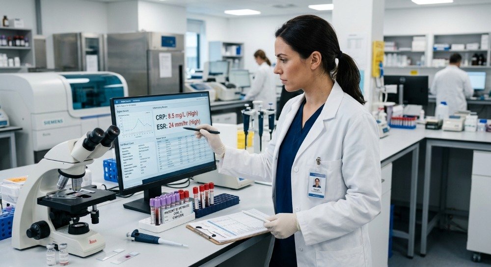 Healthcare professional reviewing blood tests used to diagnose inflammation.