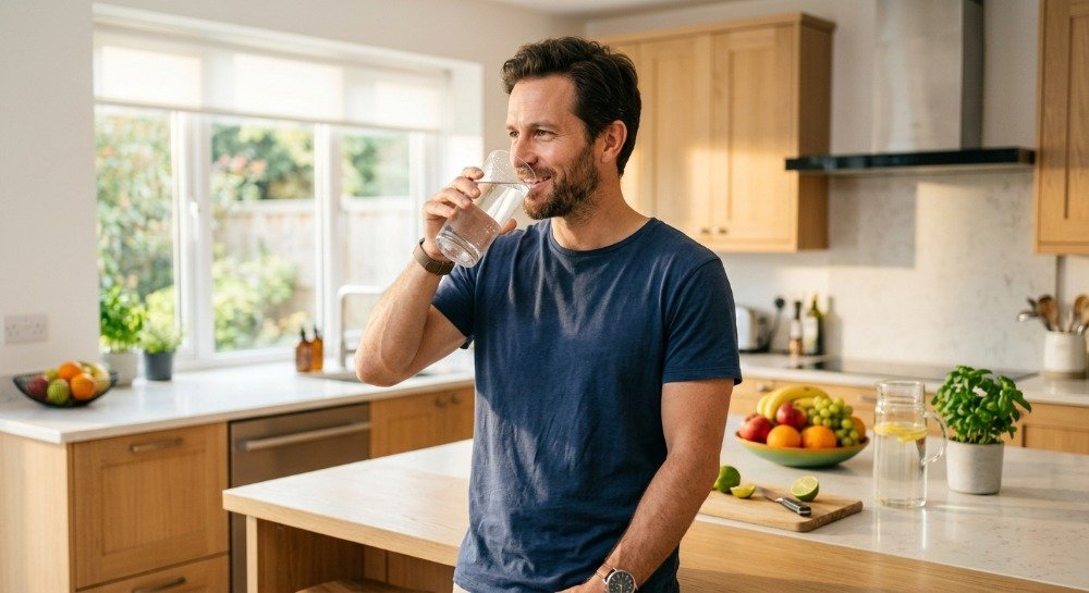 Healthy adult man drinking water to support urinary tract health and daily hydration