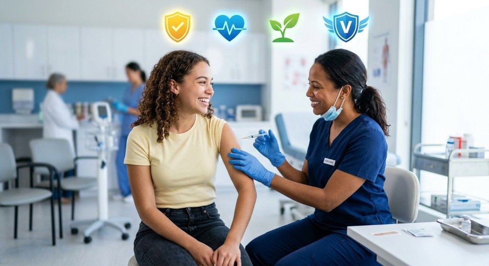 Young woman receiving a meningococcal vaccine for disease prevention