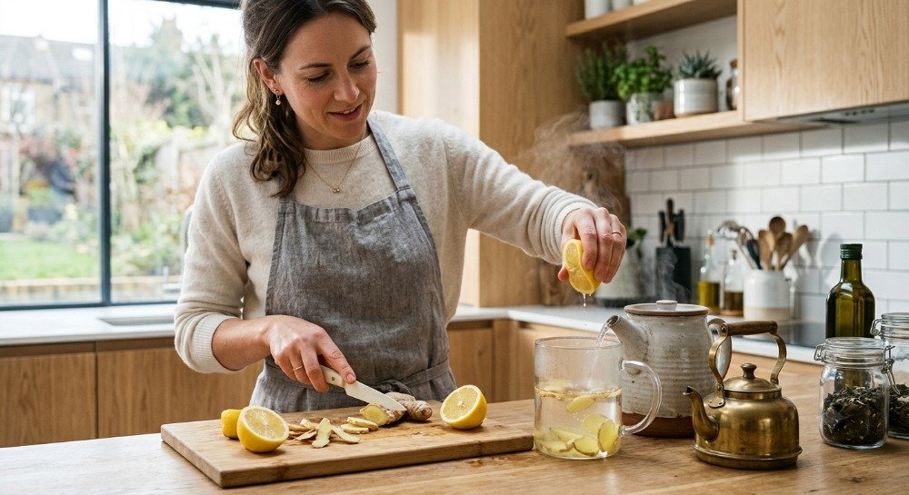 Preparing homemade ginger root tea with lemon using fresh ingredients