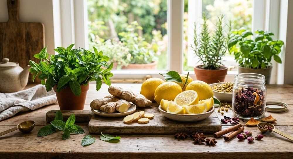 Fresh ginger root and sliced lemons on a wooden kitchen counter before making herbal tea