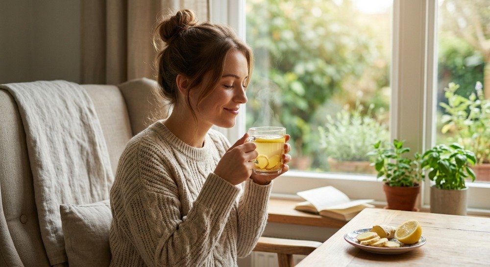 Person enjoying ginger root tea with lemon as part of a healthy morning routine
