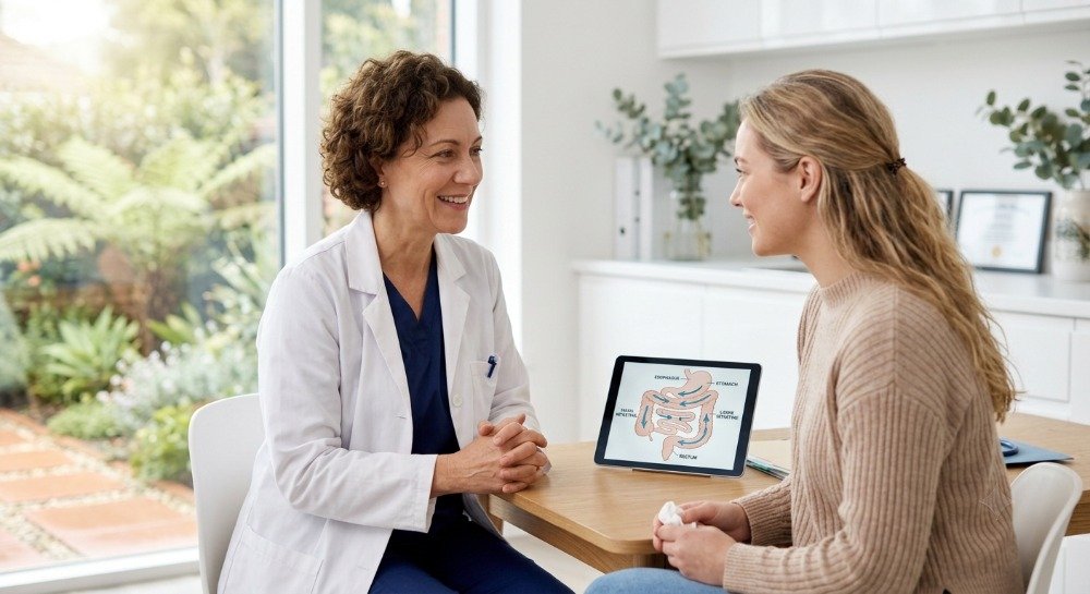 Patient talking with a healthcare professional about constipation symptoms