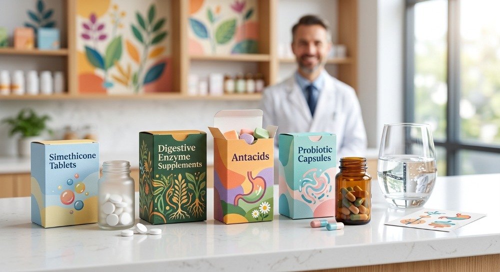 Unbranded over-the-counter medicines commonly used for gas and bloating relief.
