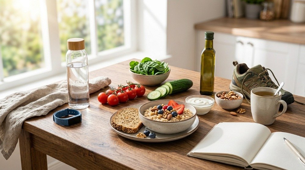Healthy lifestyle with heart friendly meals, water, walking shoes, and fresh foods supporting blood pressure management