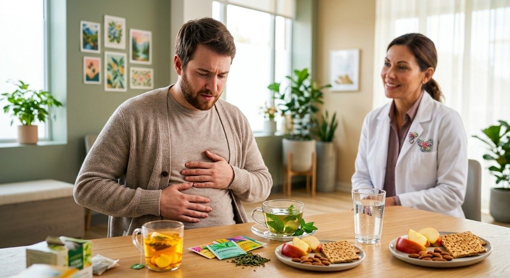 Adult experiencing gas and bloating with healthy remedies and medical support.