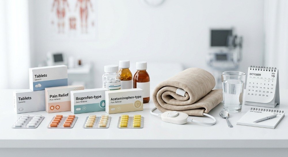 Best OTC pain relievers for menstrual cramps displayed on a clean medical table