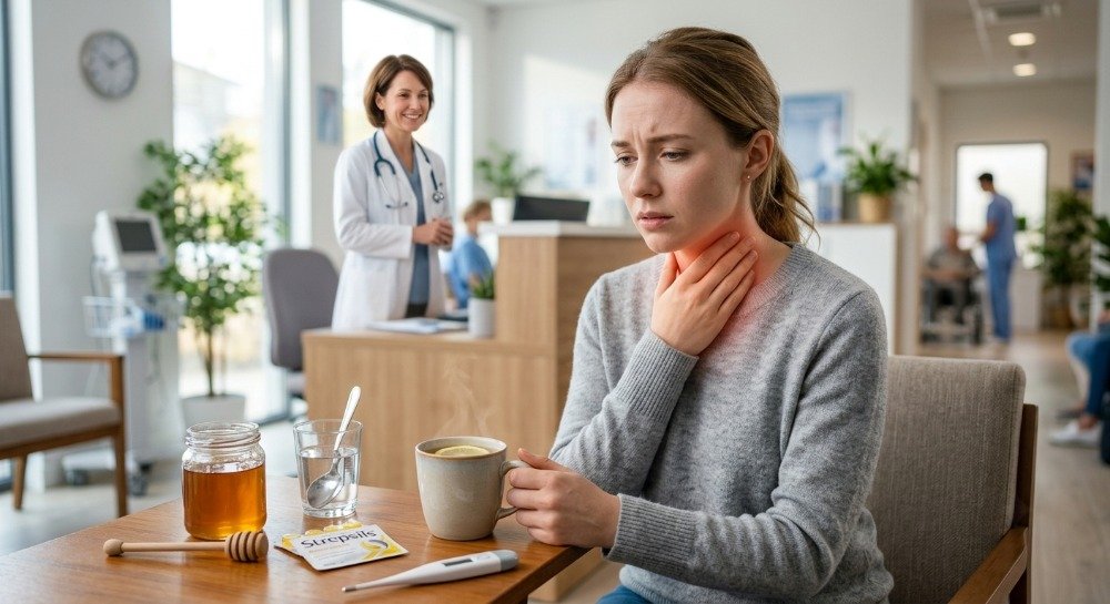 Person experiencing sore throat with home remedies and healthcare support.
