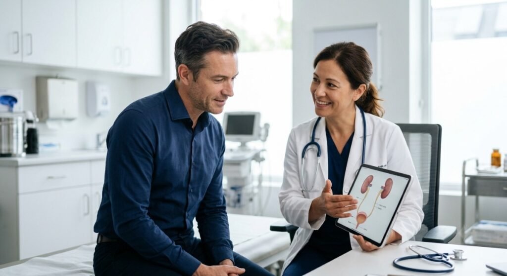 Male patient consulting a doctor about urinary tract infection symptoms in a modern medical clinic