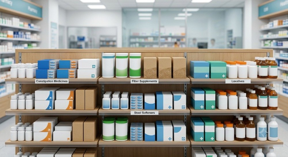 Generic OTC constipation medicines and fiber supplements displayed on a clean pharmacy shelf