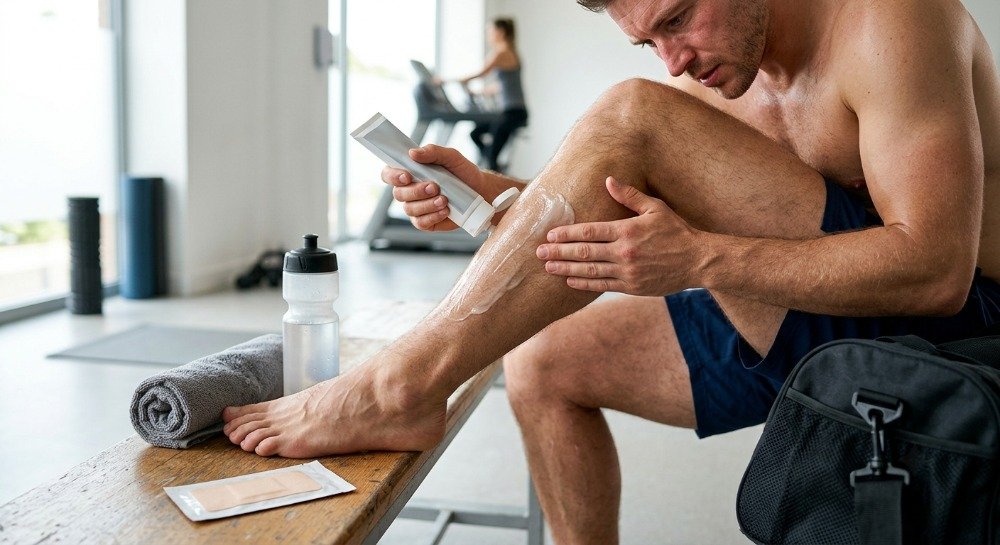 Athlete using OTC muscle pain relief cream after exercise.