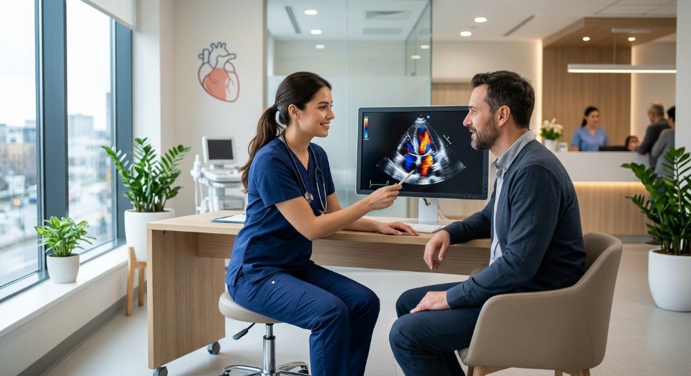 Cardiologist diagnosing congestive heart failure using echocardiography