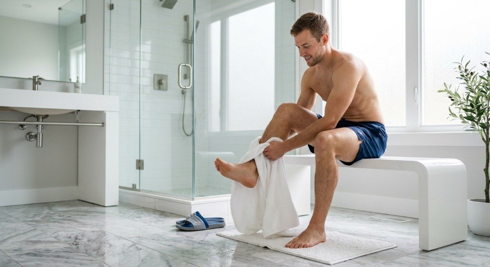 Healthy man drying his feet after a shower to help prevent fungal infections