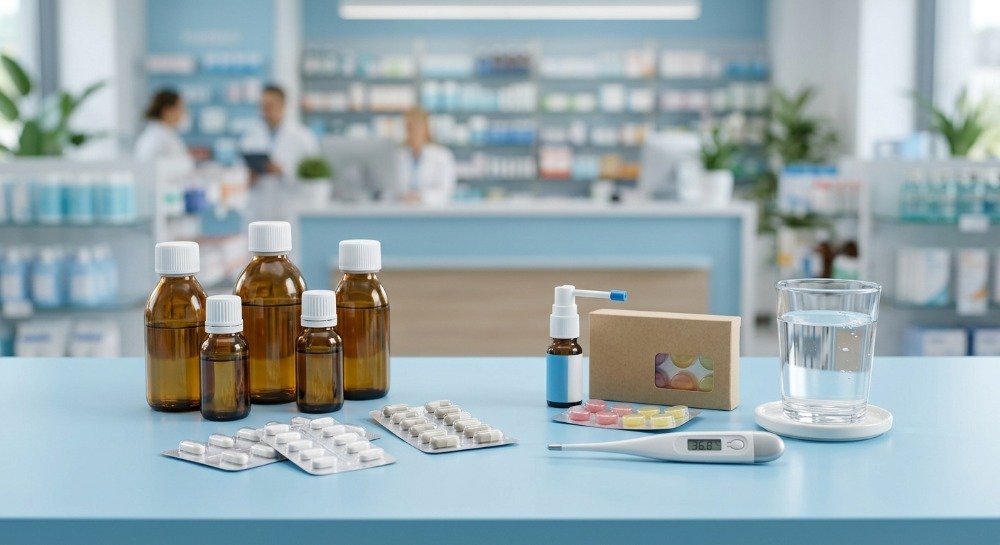 Unbranded over-the-counter medicines, throat lozenges, throat spray, and thermometer for sore throat care.