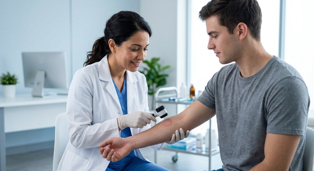 Dermatologist examining a man's fungal skin infection during a medical consultation