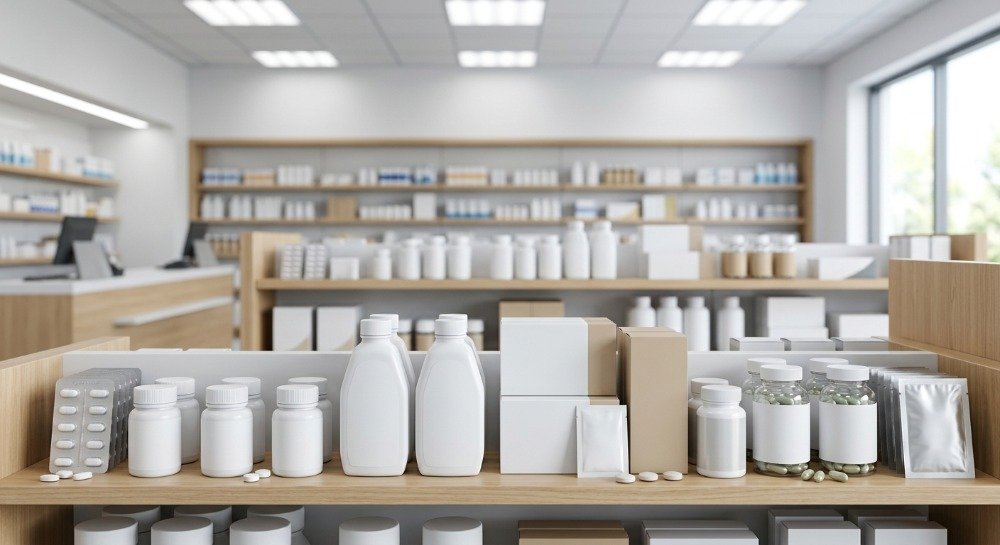 Generic OTC stomach pain medicines arranged on a clean pharmacy counter