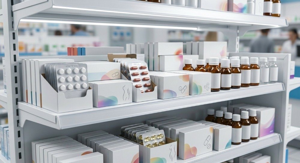 Generic OTC pain relievers for menstrual cramps arranged on a clean pharmacy counter