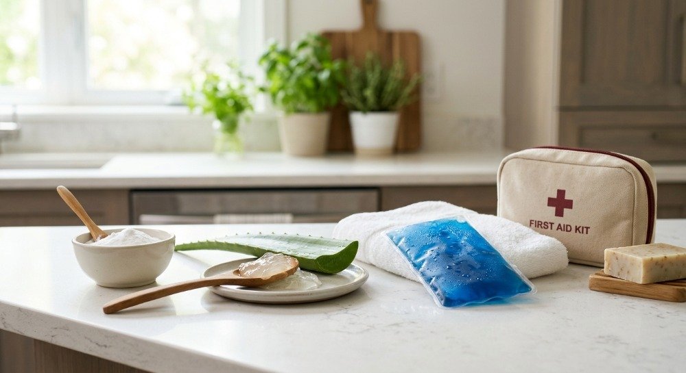 Natural home remedies including aloe vera, baking soda, and cold compress for bee sting relief.
