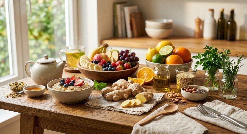 Fresh ginger with healthy breakfast foods representing balanced nutrition and wellness