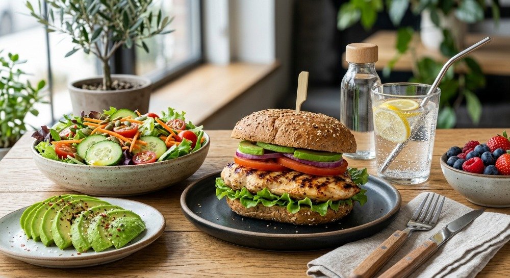 Healthy fast food options including grilled chicken, fresh salad, fruit, and water