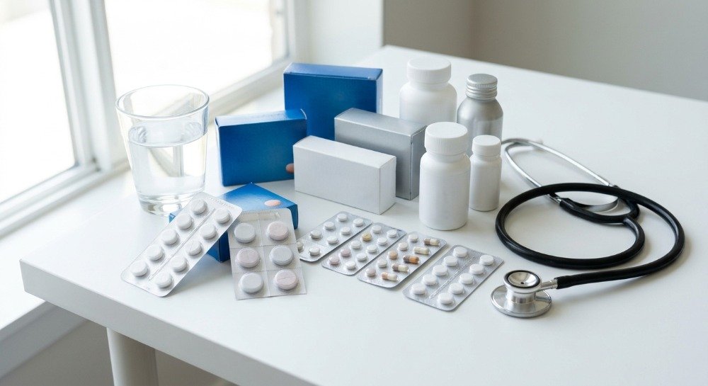 Best OTC pain relievers for stomach pain displayed on a clean medical table