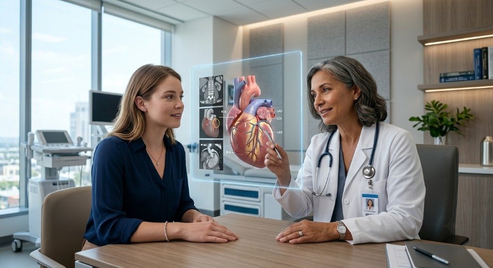 Cardiologist explaining cardiovascular disease prevention during a heart health consultation.