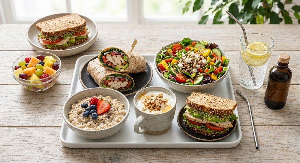 Healthy fast food meal choices with grilled chicken, oatmeal, yogurt, fruit, and salad