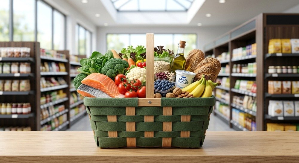 Shopping basket filled with fresh vegetables, fruits, whole grains, and healthy foods for a heart healthy diet