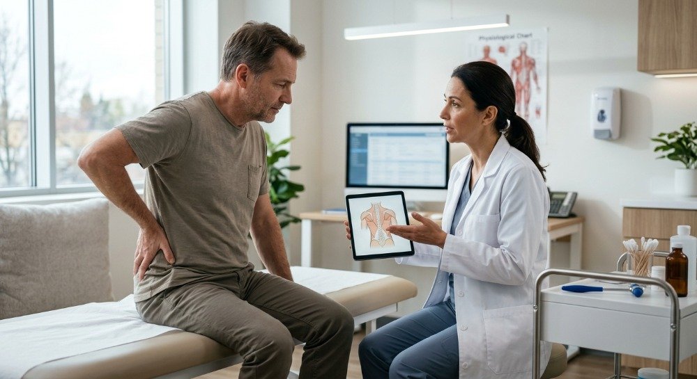 Doctor evaluating a patient with muscle pain during a medical consultation.