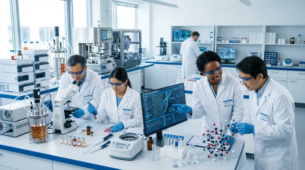 Modern pharmaceutical manufacturing facility producing high-quality medicines under strict safety standards