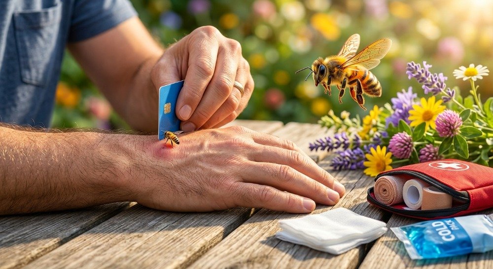 Bee Sting Treatment at Home . Person removing a bee stinger correctly